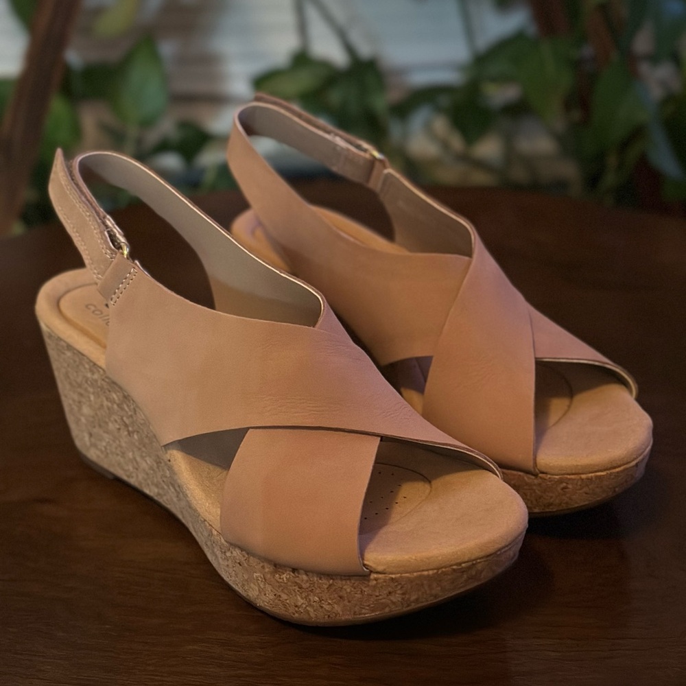 Clarks Tan Wedge Sandals with Cork Platform